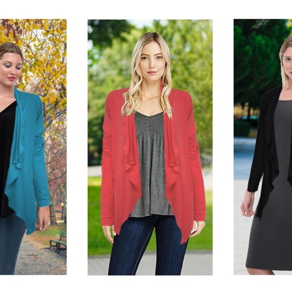 NWT Open Front Cascading Shawl Collar Cardigan Medium Teal - Picture 2 of 6